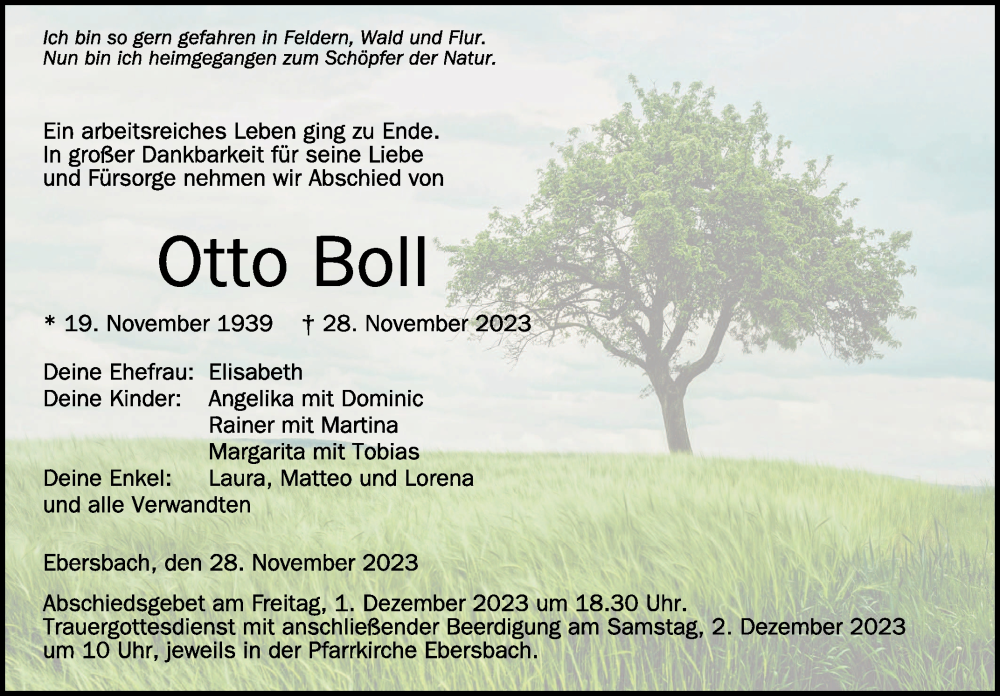  Traueranzeige für Otto Boll vom 30.11.2023 aus Schwäbische Zeitung