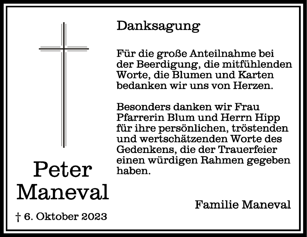  Traueranzeige für Peter Maneval vom 04.11.2023 aus Schwäbische Zeitung