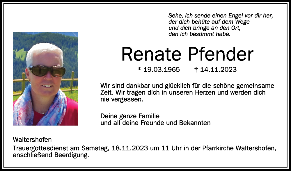  Traueranzeige für Renate Pfender vom 16.11.2023 aus Schwäbische Zeitung