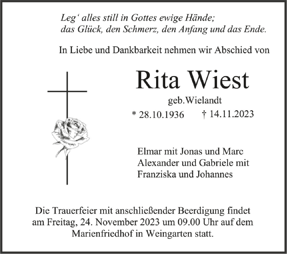  Traueranzeige für Rita Wiest vom 18.11.2023 aus Schwäbische Zeitung