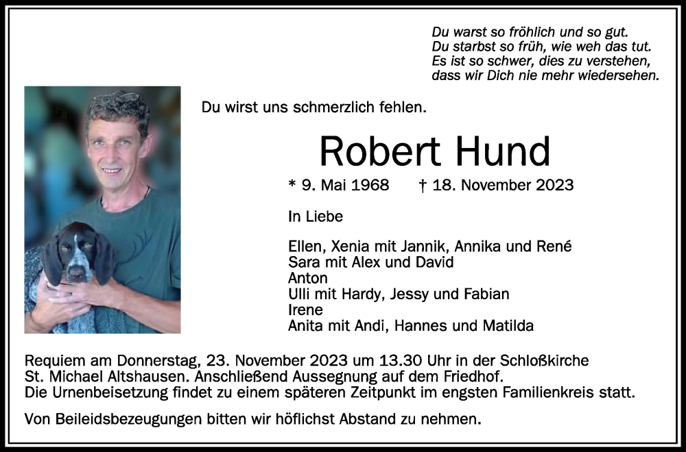  Traueranzeige für Robert Hund vom 21.11.2023 aus Schwäbische Zeitung