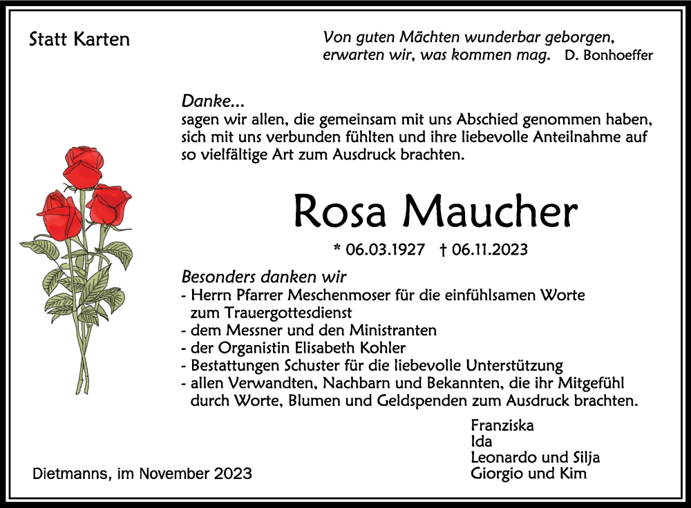  Traueranzeige für Rosa Maucher vom 25.11.2023 aus Schwäbische Zeitung