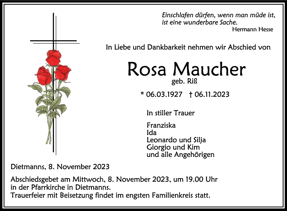  Traueranzeige für Rosa Maucher vom 08.11.2023 aus Schwäbische Zeitung