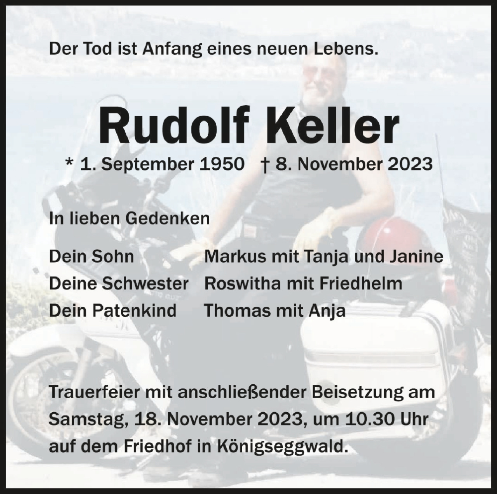  Traueranzeige für Rudolf Keller vom 11.11.2023 aus Schwäbische Zeitung