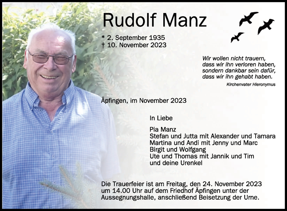  Traueranzeige für Rudolf Manz vom 18.11.2023 aus Schwäbische Zeitung