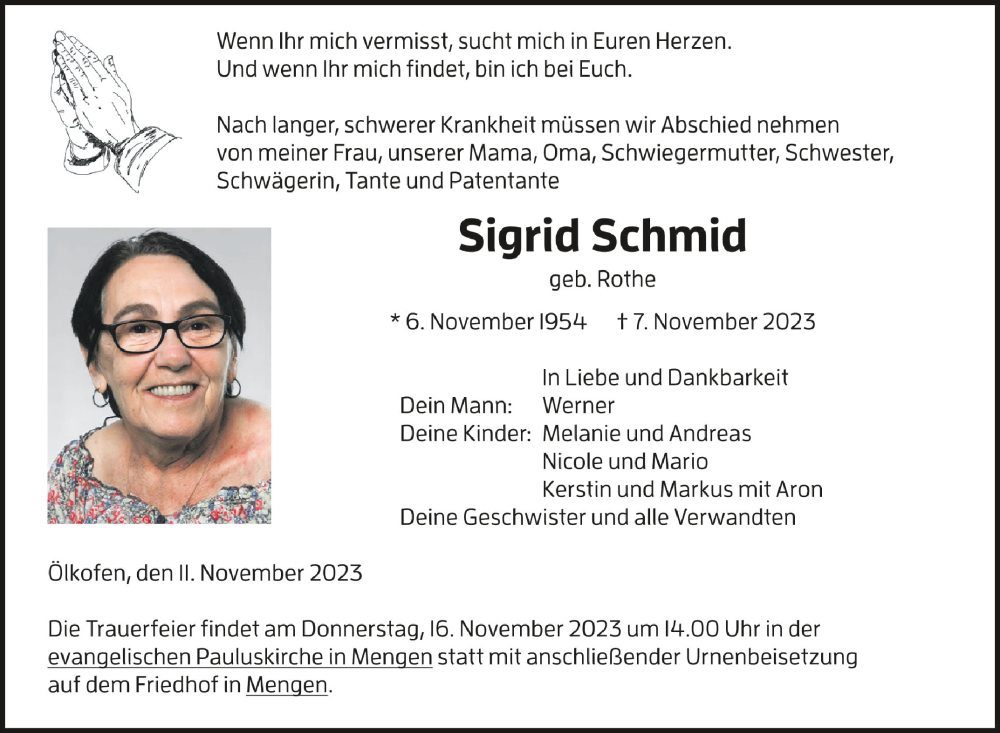  Traueranzeige für Sigrid Schmid vom 11.11.2023 aus Schwäbische Zeitung