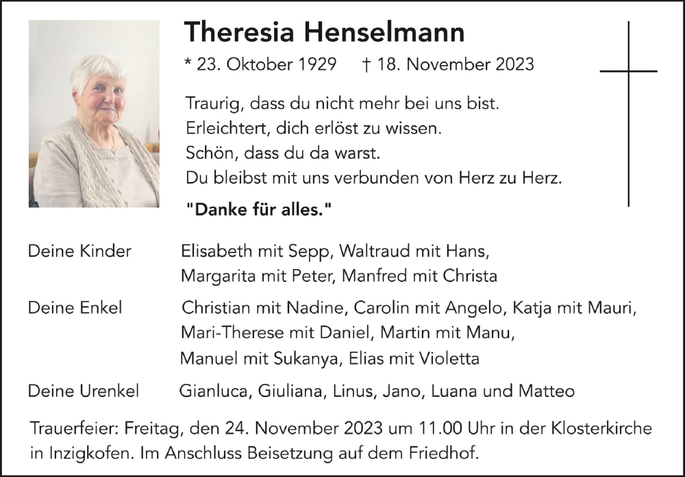  Traueranzeige für Theresia Henselmann vom 21.11.2023 aus Schwäbische Zeitung