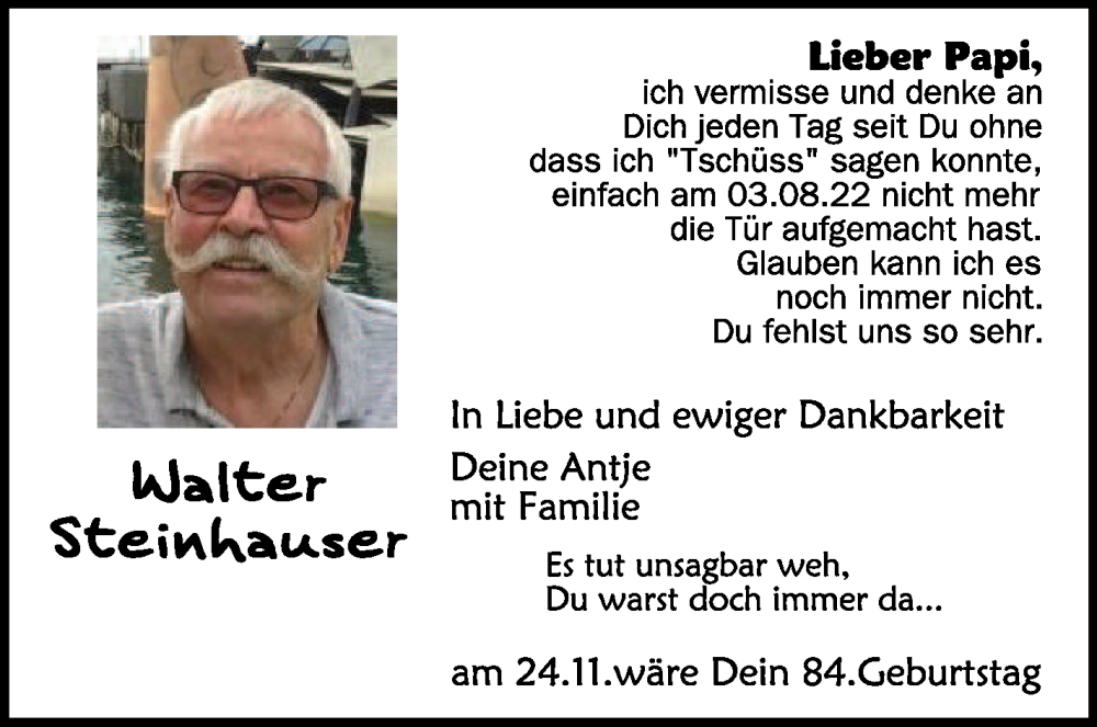  Traueranzeige für Walter Steinhauser vom 24.11.2023 aus Schwäbische Zeitung