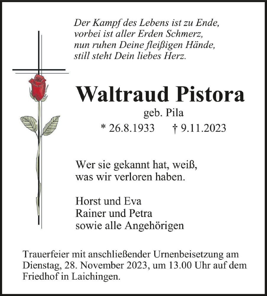  Traueranzeige für Waltraud Pistora vom 18.11.2023 aus Schwäbische Zeitung