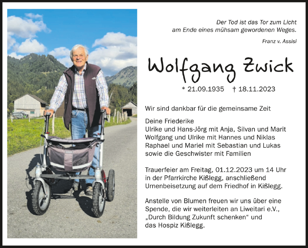  Traueranzeige für Wolfgang Zwick vom 24.11.2023 aus Schwäbische Zeitung