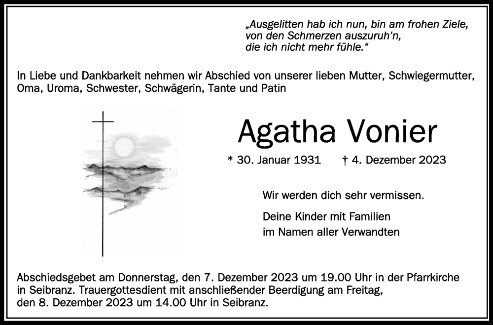  Traueranzeige für Agatha Vonier vom 06.12.2023 aus Schwäbische Zeitung
