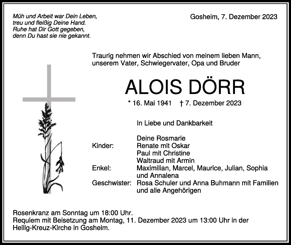  Traueranzeige für Alois Dörr vom 08.12.2023 aus Schwäbische Zeitung