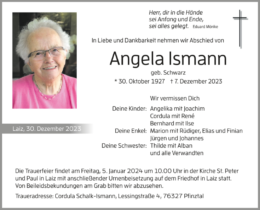  Traueranzeige für Angela Ismann vom 30.12.2023 aus Schwäbische Zeitung