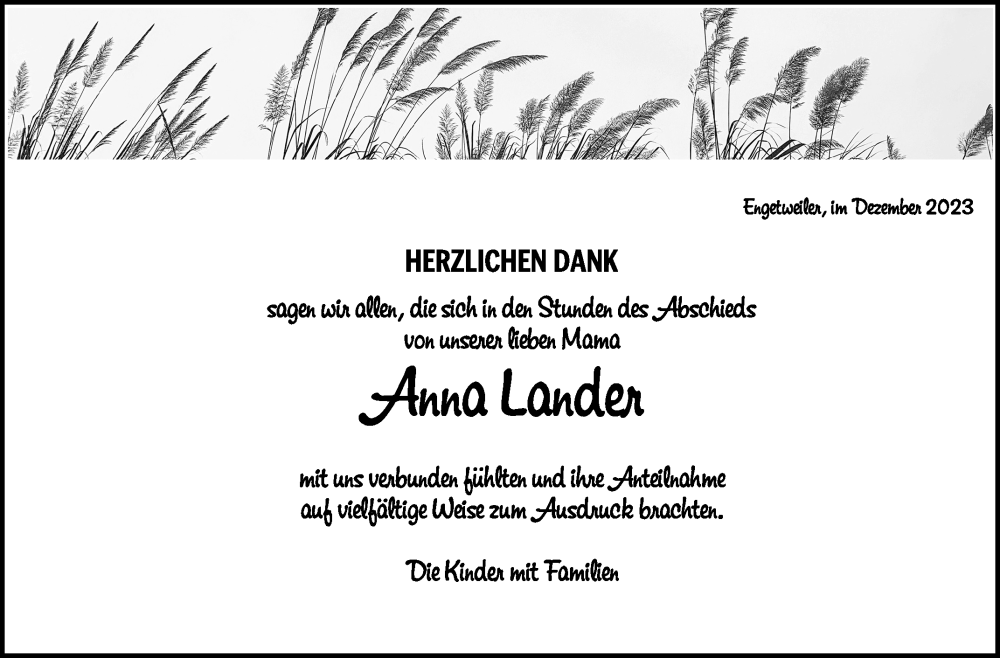  Traueranzeige für Anna Lander vom 06.12.2023 aus Schwäbische Zeitung