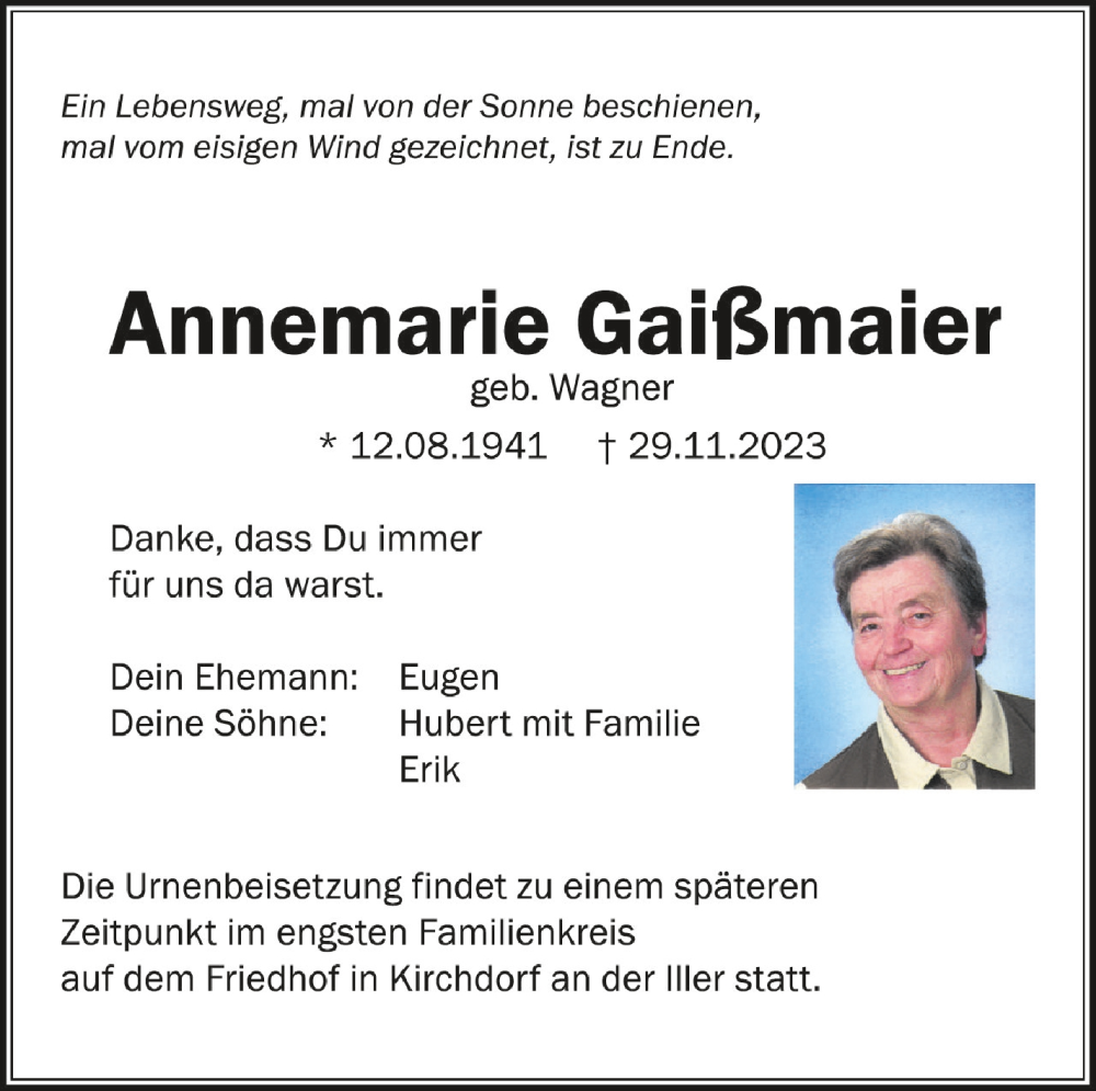  Traueranzeige für Annemarie Gaißmaier vom 02.12.2023 aus Schwäbische Zeitung