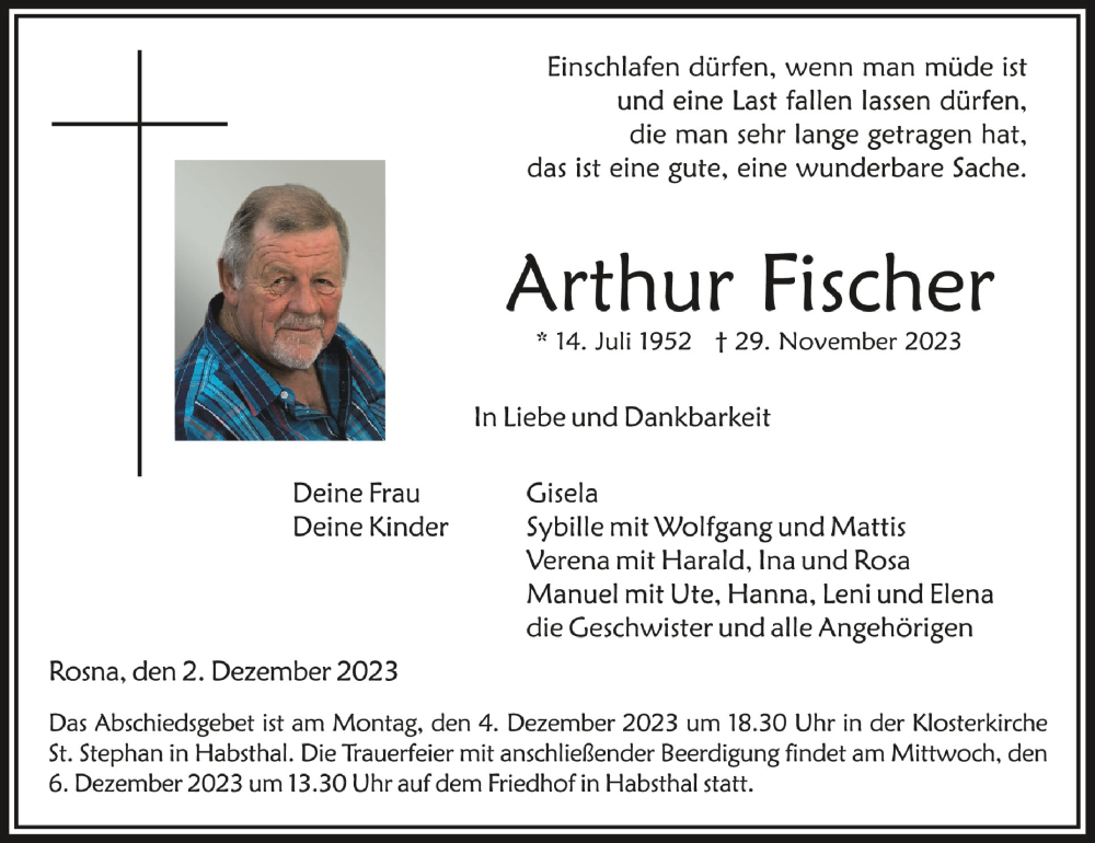  Traueranzeige für Arthur Fischer vom 02.12.2023 aus Schwäbische Zeitung