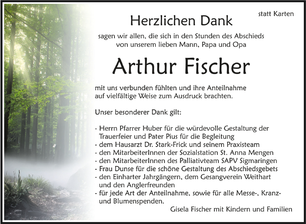  Traueranzeige für Arthur Fischer vom 23.12.2023 aus Schwäbische Zeitung
