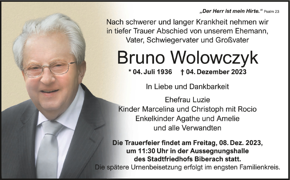  Traueranzeige für Bruno Wolowczyk vom 06.12.2023 aus Schwäbische Zeitung