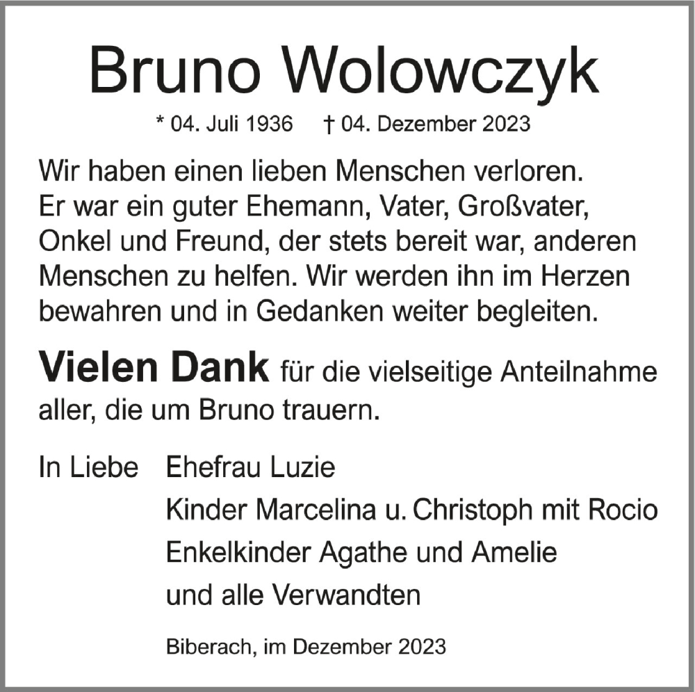  Traueranzeige für Bruno Wolowczyk vom 16.12.2023 aus Schwäbische Zeitung