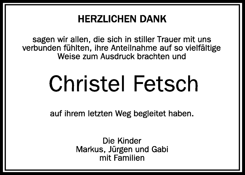  Traueranzeige für Christel Fetsch vom 22.12.2023 aus Schwäbische Zeitung