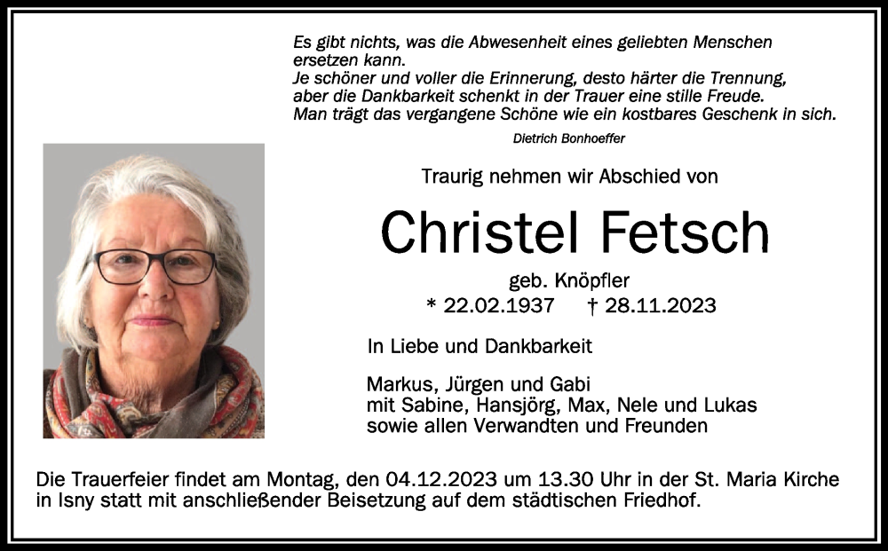  Traueranzeige für Christel Fetsch vom 01.12.2023 aus Schwäbische Zeitung