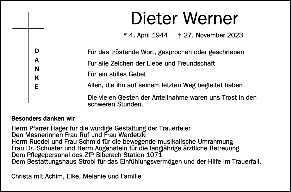  Traueranzeige für Dieter Werner vom 16.12.2023 aus Schwäbische Zeitung