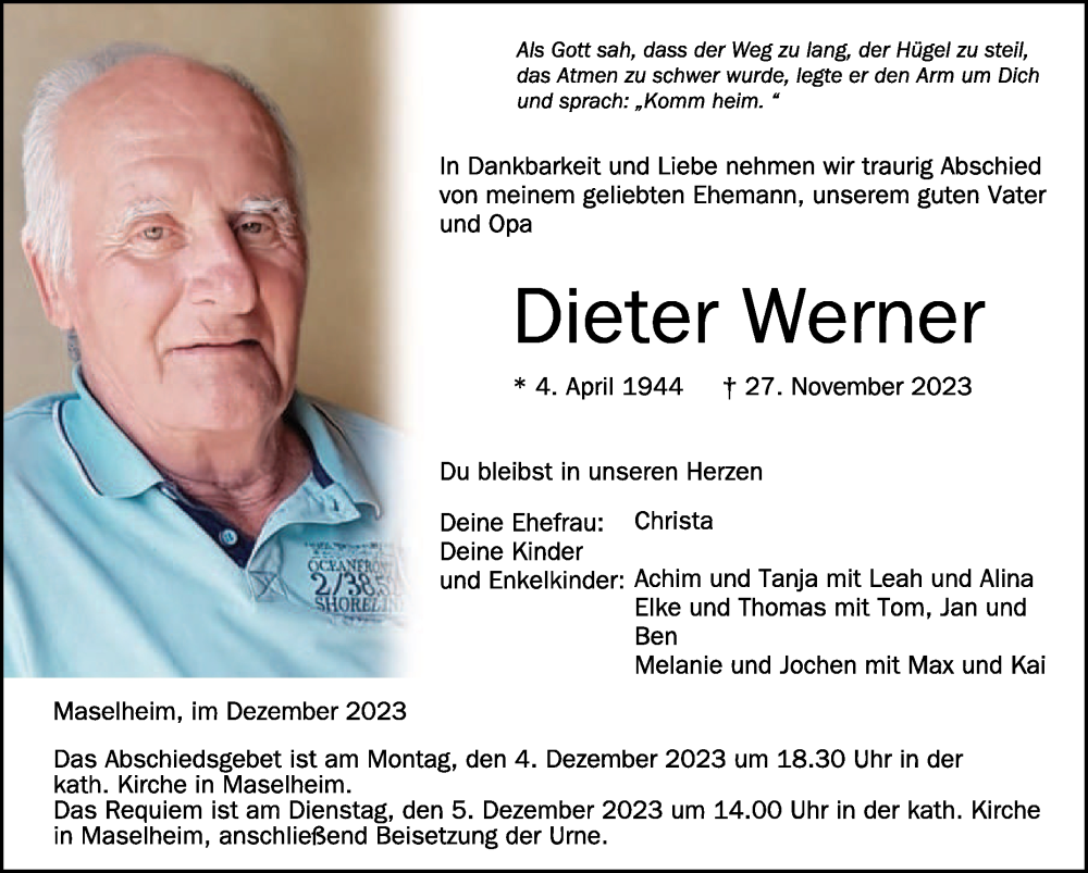  Traueranzeige für Dieter Werner vom 02.12.2023 aus Schwäbische Zeitung