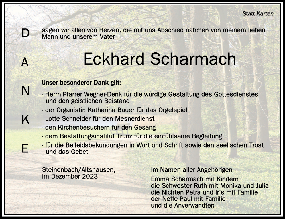  Traueranzeige für Eckhard Scharmach vom 09.12.2023 aus Schwäbische Zeitung