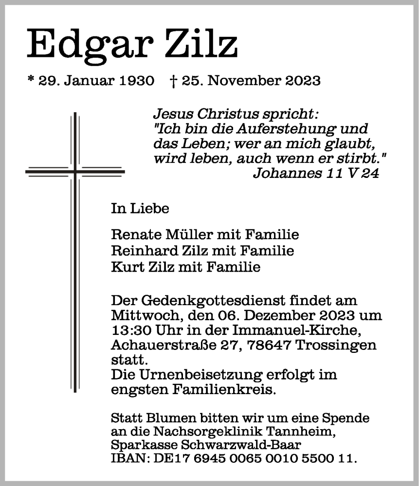  Traueranzeige für Edgar Zilz vom 02.12.2023 aus Schwäbische Zeitung