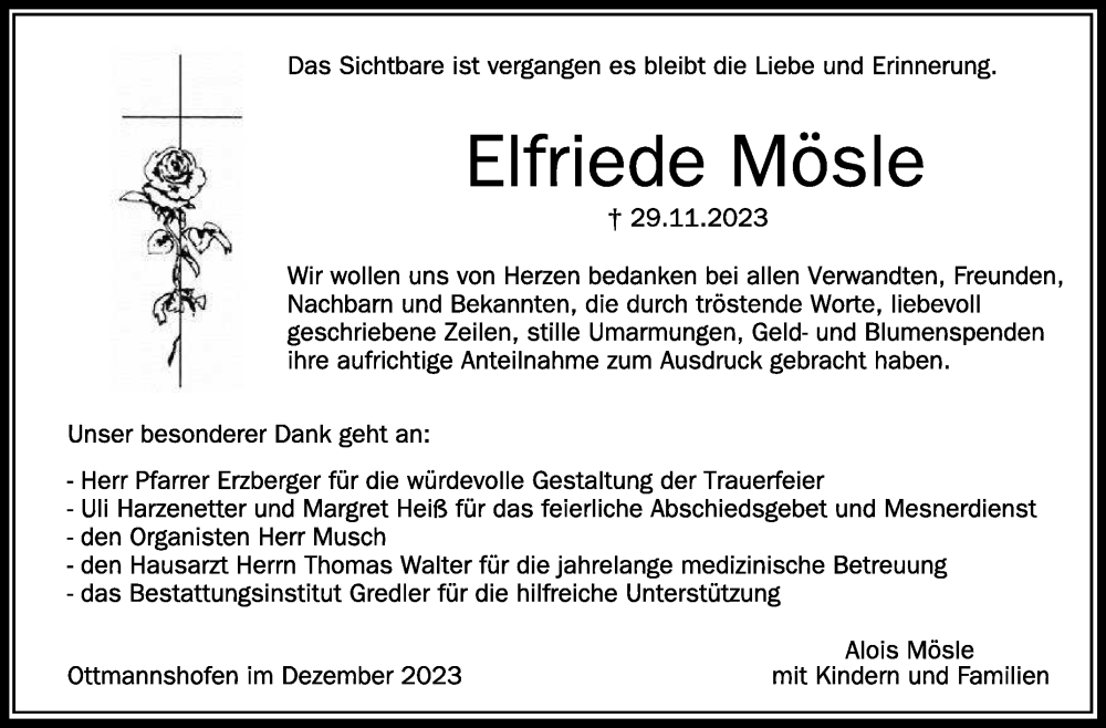  Traueranzeige für Elfriede Mösle vom 30.12.2023 aus Schwäbische Zeitung