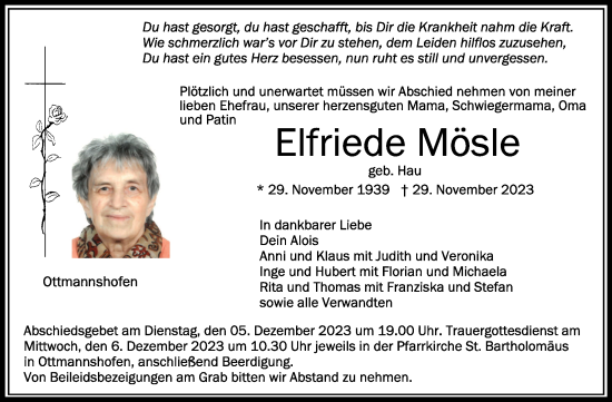 Anzeige von Elfriede Mösle von Schwäbische Zeitung