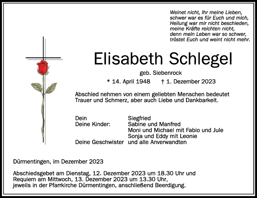  Traueranzeige für Elisabeth Schlegel vom 09.12.2023 aus Schwäbische Zeitung