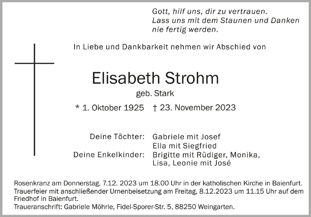  Traueranzeige für Elisabeth Strohm vom 06.12.2023 aus Schwäbische Zeitung