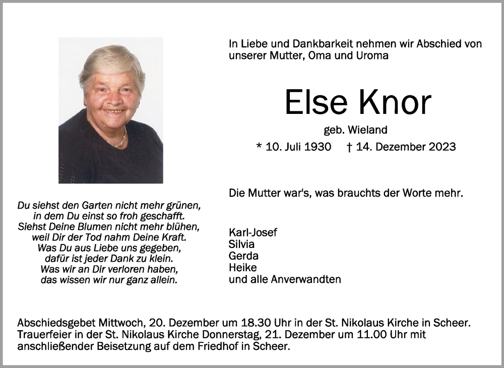  Traueranzeige für Else Knor vom 19.12.2023 aus Schwäbische Zeitung
