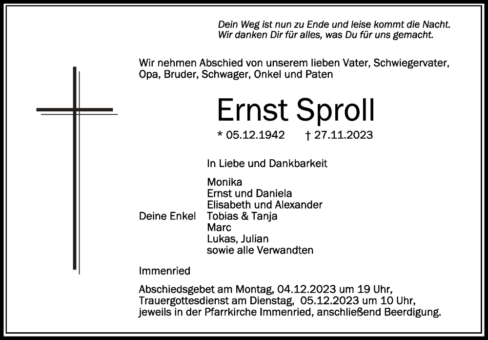  Traueranzeige für Ernst Sproll vom 01.12.2023 aus Schwäbische Zeitung
