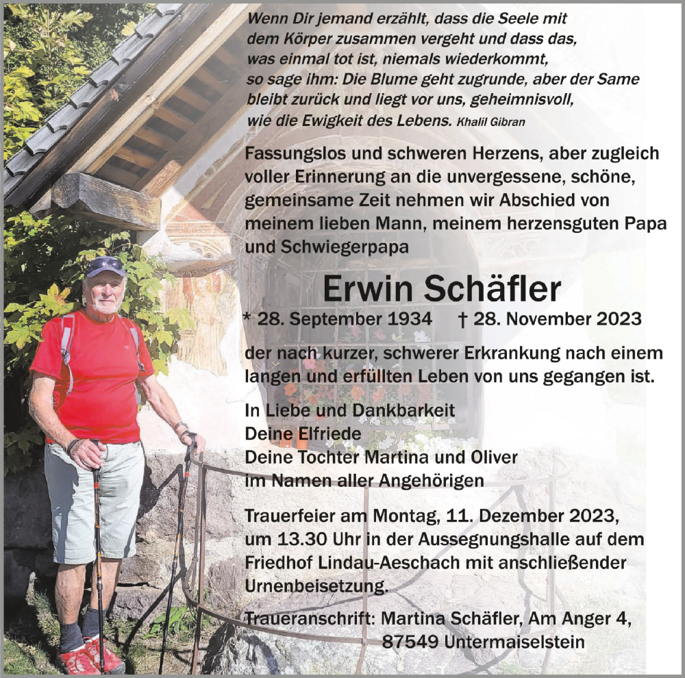  Traueranzeige für Erwin Schäfler vom 02.12.2023 aus Schwäbische Zeitung