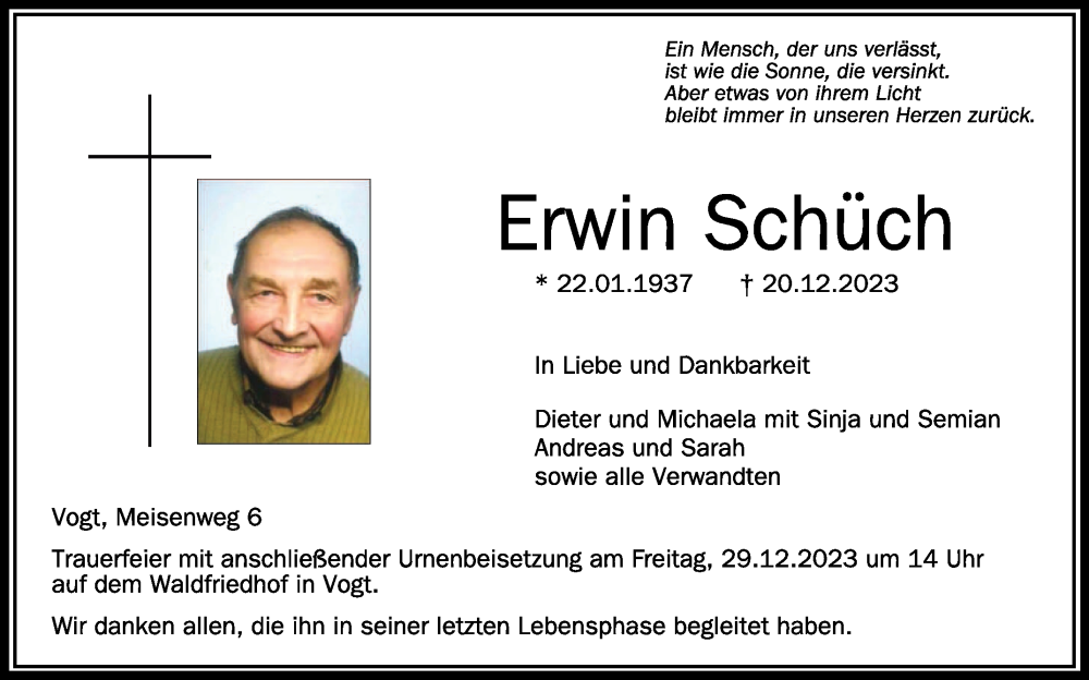  Traueranzeige für Erwin Schüch vom 23.12.2023 aus Schwäbische Zeitung