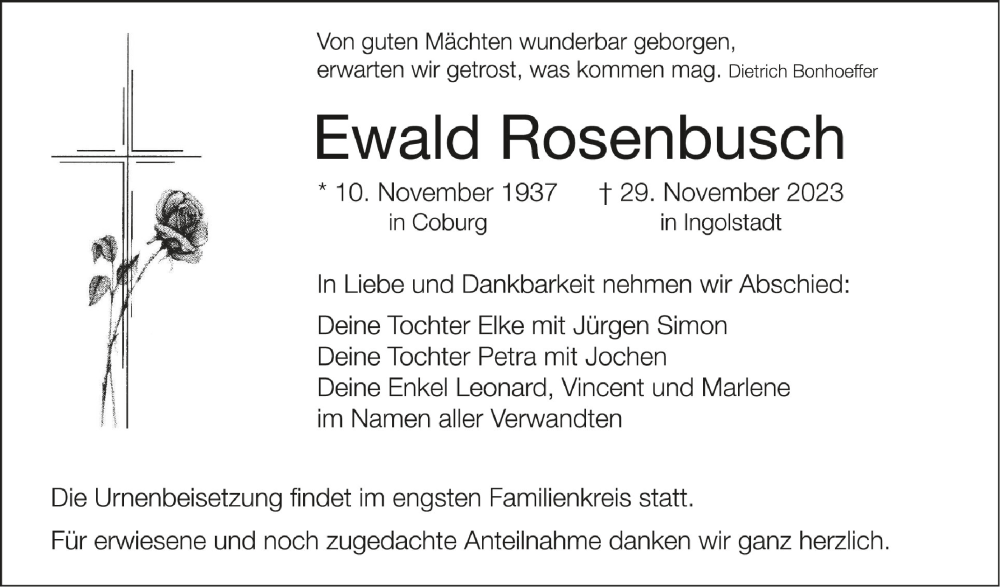  Traueranzeige für Ewald Rosenbusch vom 02.12.2023 aus Schwäbische Zeitung