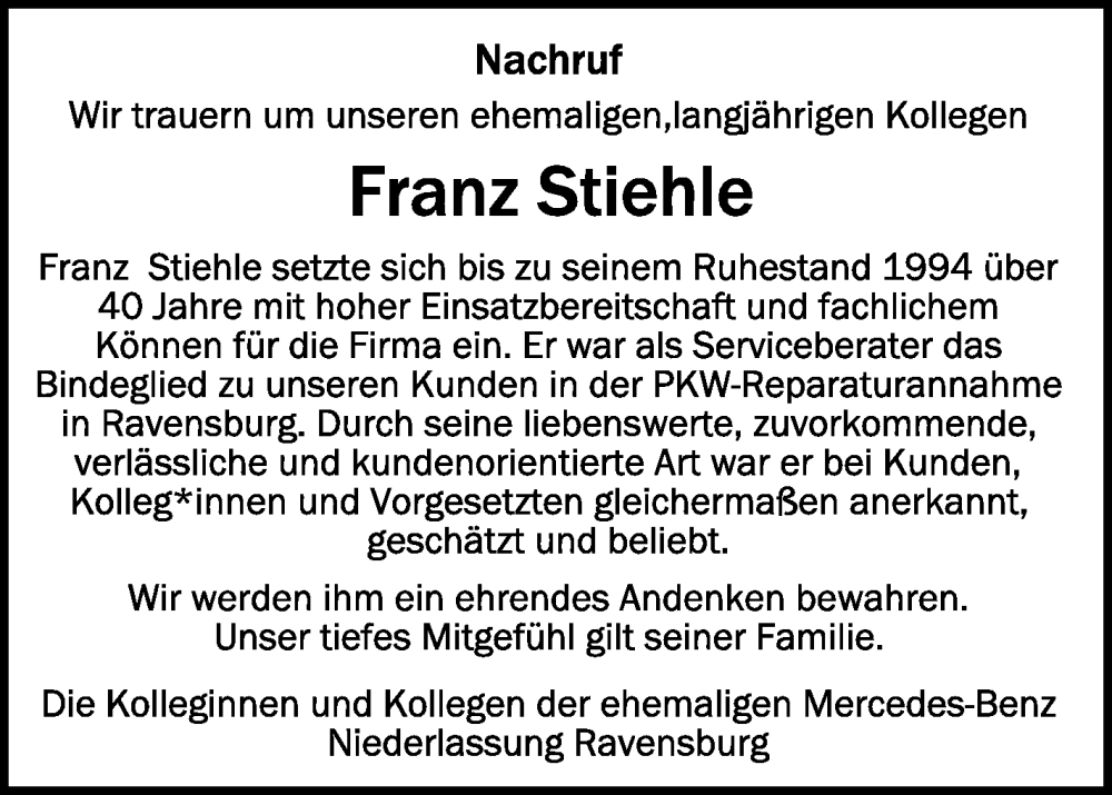  Traueranzeige für Franz Stiehle vom 06.12.2023 aus Schwäbische Zeitung