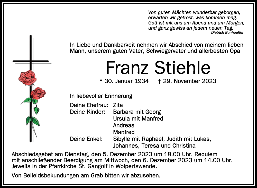  Traueranzeige für Franz Stiehle vom 02.12.2023 aus Schwäbische Zeitung