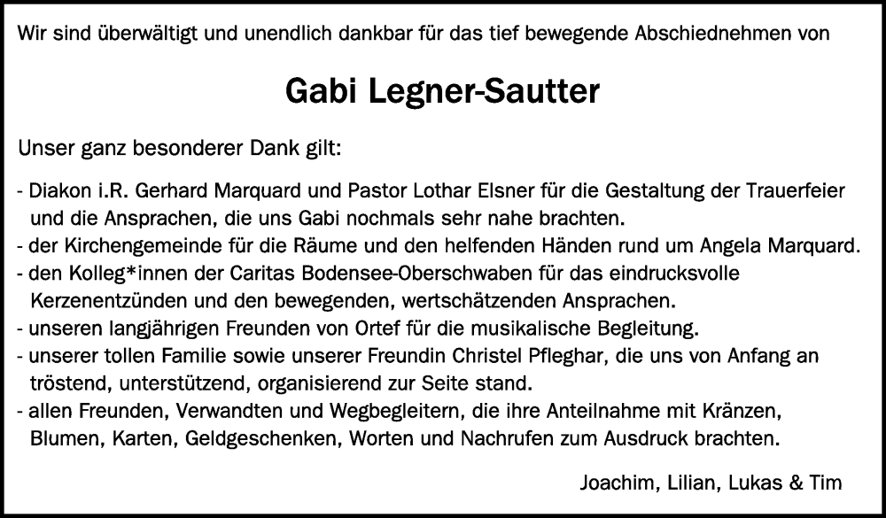 Traueranzeige für Gabi Legner-Sautter vom 12.12.2023 aus Schwäbische Zeitung