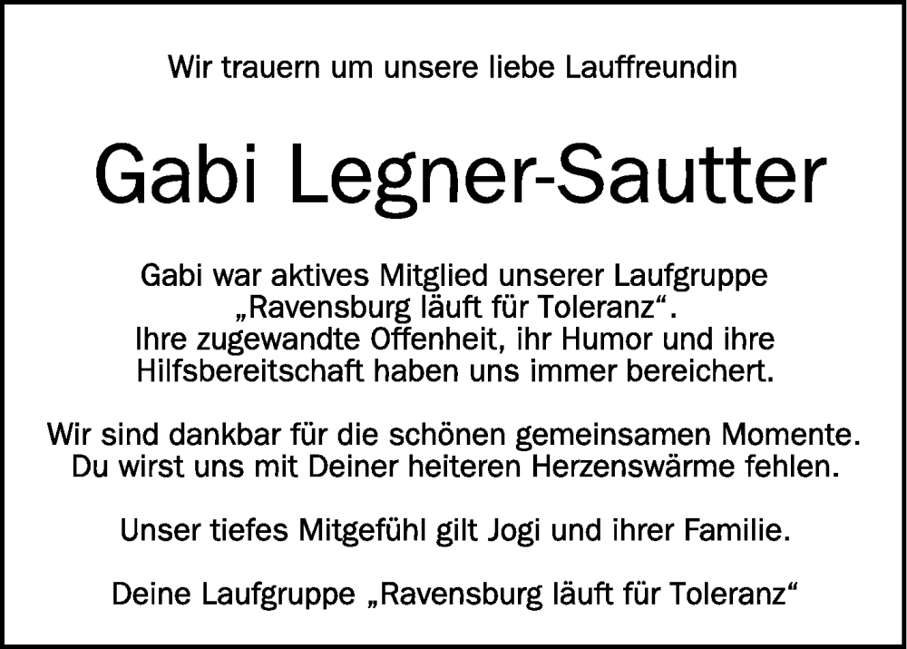  Traueranzeige für Gabi Legner-Sautter vom 08.12.2023 aus Schwäbische Zeitung