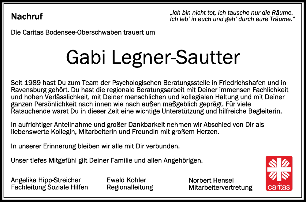  Traueranzeige für Gabi Legner-Sautter vom 09.12.2023 aus Schwäbische Zeitung