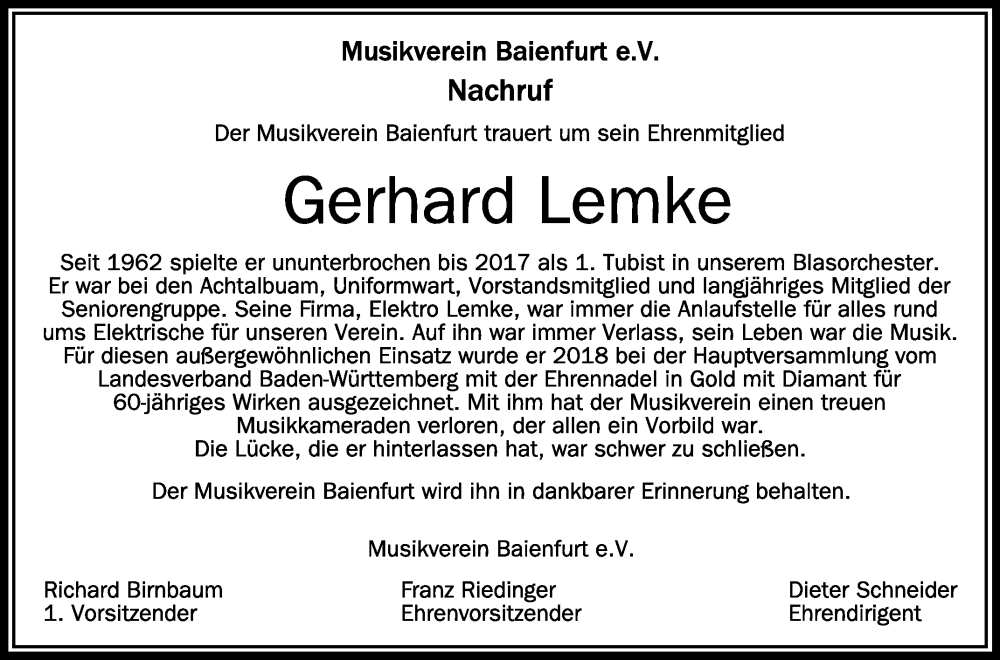  Traueranzeige für Gerhard Lemke vom 16.12.2023 aus Schwäbische Zeitung