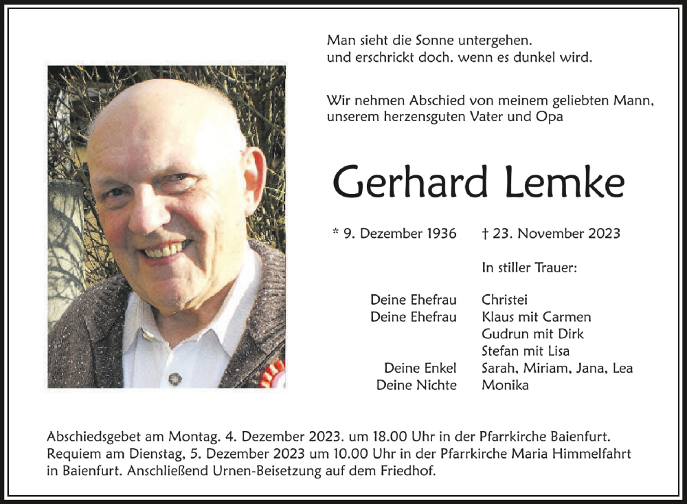  Traueranzeige für Gerhard Lemke vom 02.12.2023 aus Schwäbische Zeitung