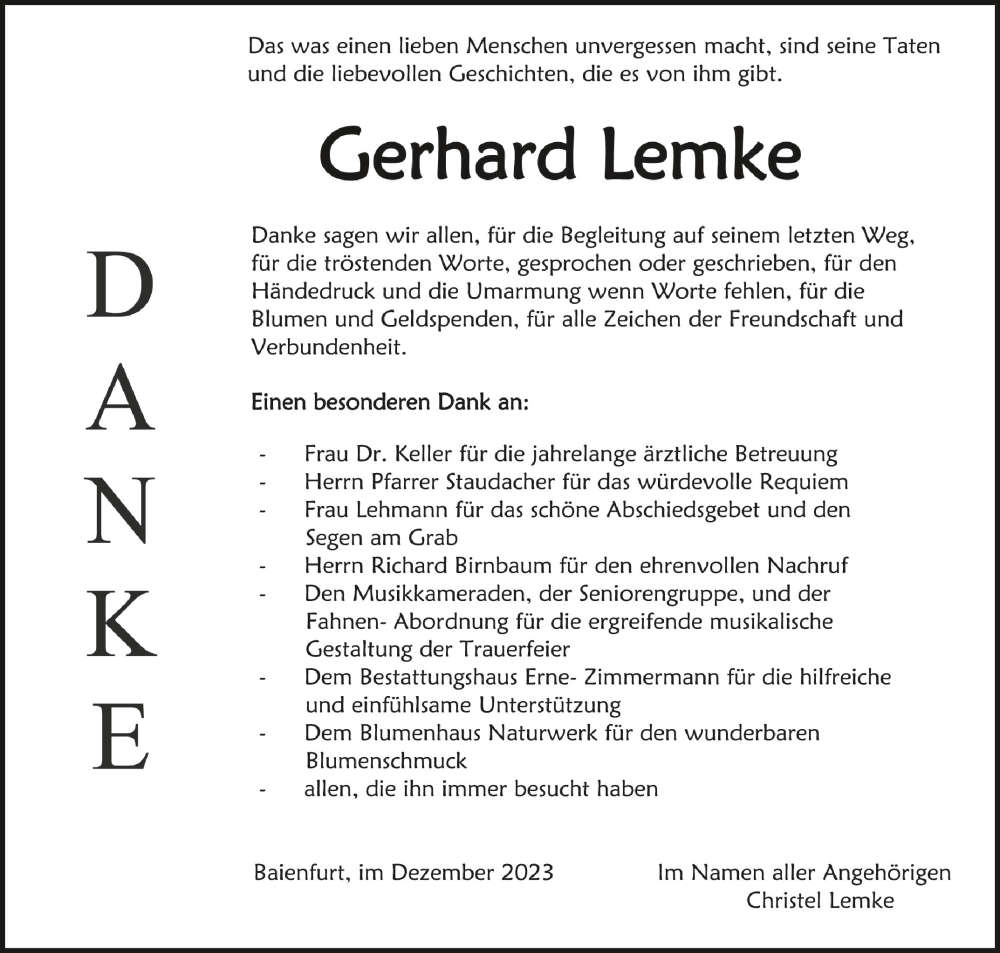  Traueranzeige für Gerhard Lemke vom 30.12.2023 aus Schwäbische Zeitung