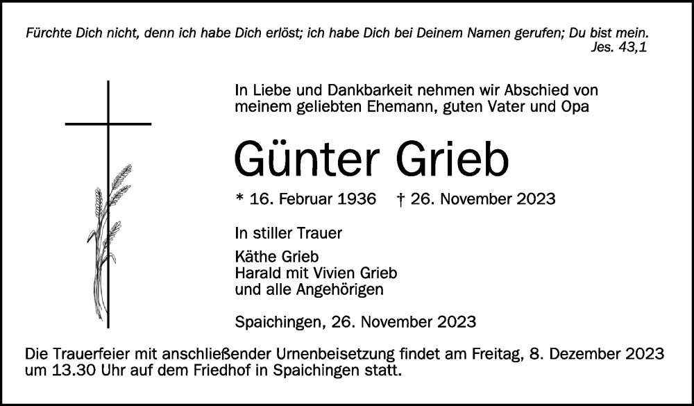  Traueranzeige für Günter Grieb vom 02.12.2023 aus Schwäbische Zeitung