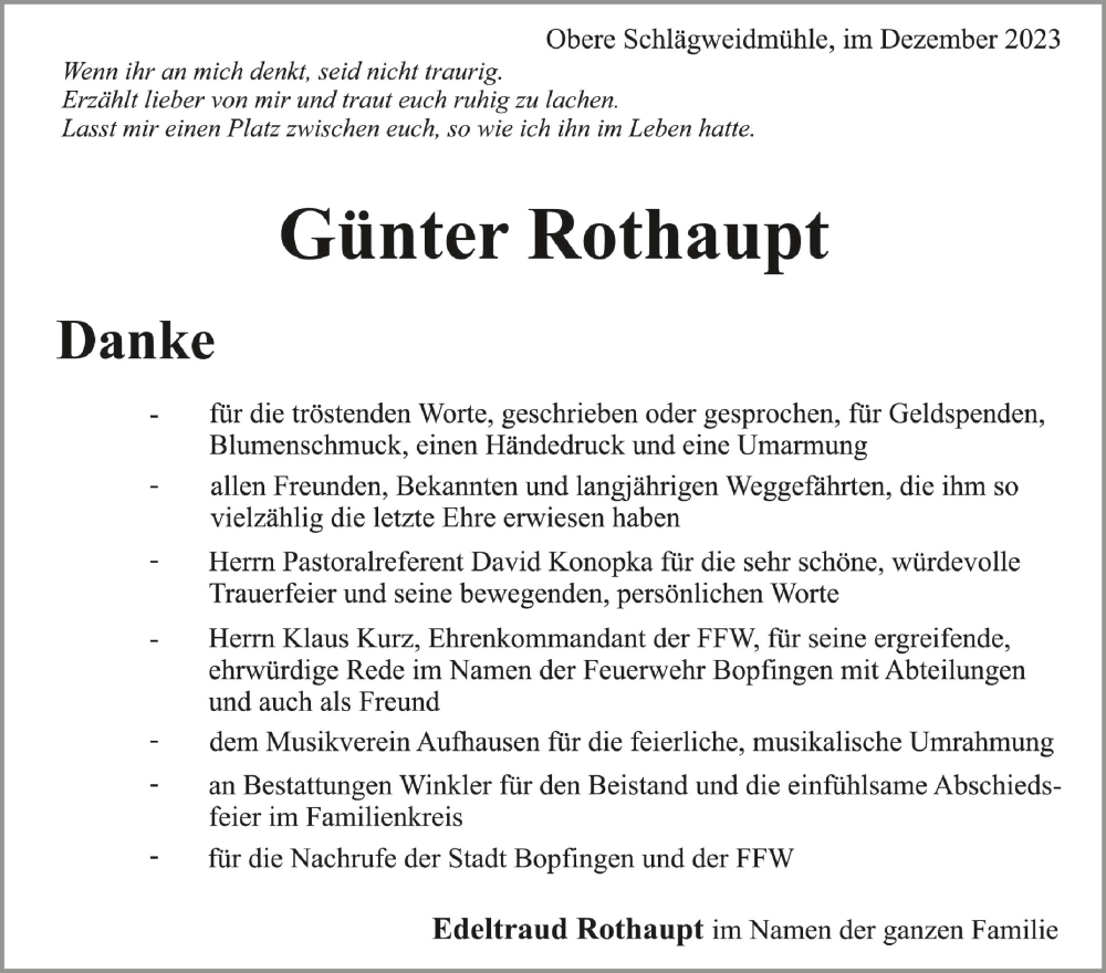  Traueranzeige für Günter Rothaupt vom 29.12.2023 aus Schwäbische Zeitung