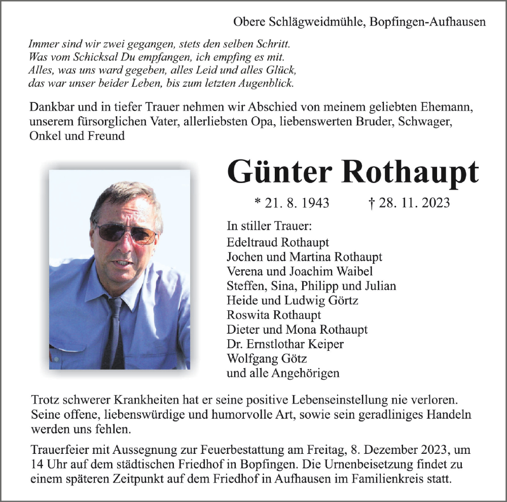  Traueranzeige für Günter Rothaupt vom 01.12.2023 aus Schwäbische Zeitung