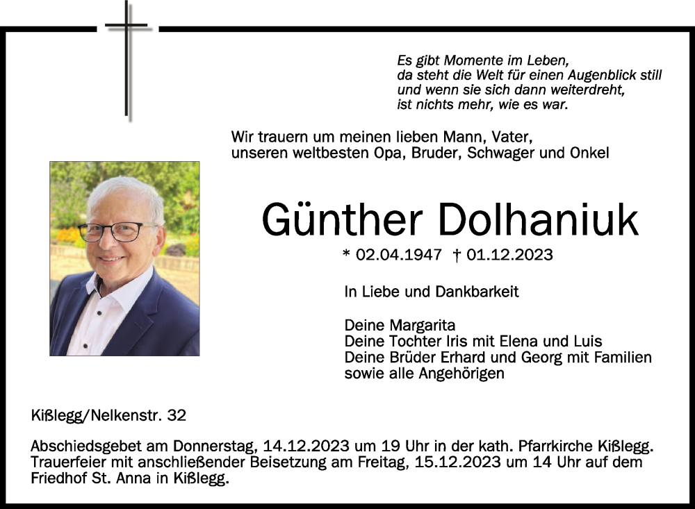  Traueranzeige für Günther Dolhaniuk vom 09.12.2023 aus Schwäbische Zeitung